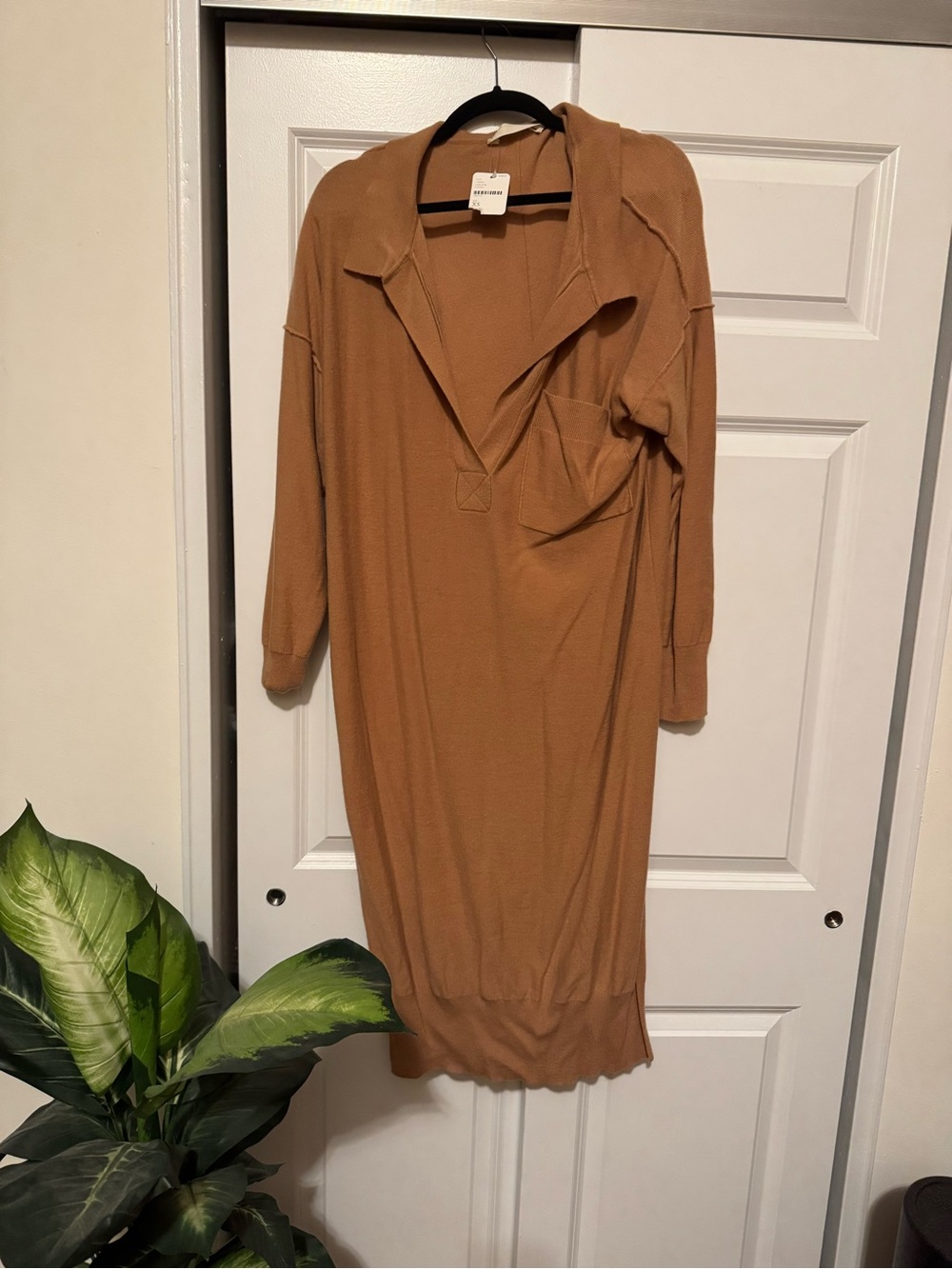 Free People Camel Long Sleeve Collared Midi Knit Dress
